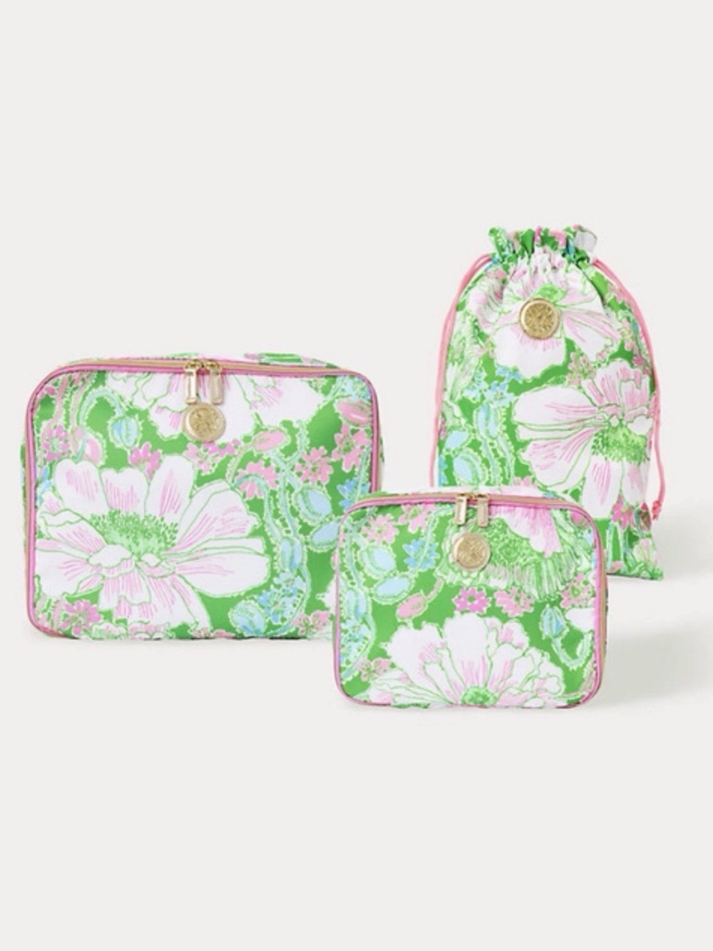 Lilly Pulitzer packing cube set and shoe bag, "Putting Green Poppyland" print